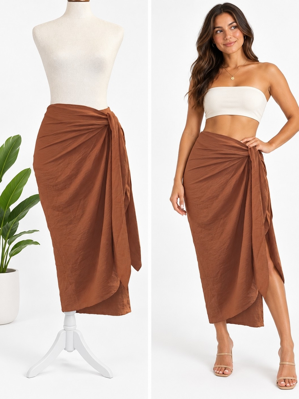 MOTF Premium Wrap Overlay Midi Skirt Brown Large NWT